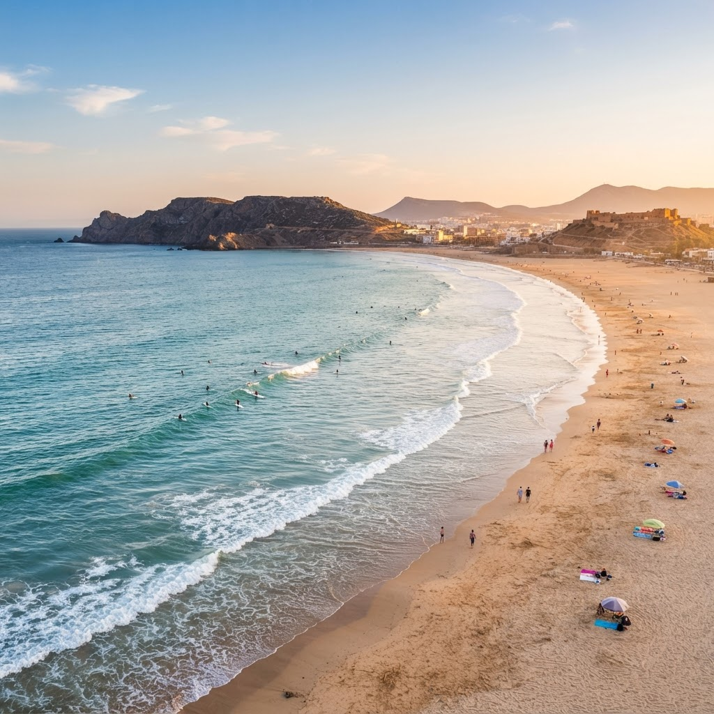 Golden-hour view of the Agadir Atlantic coastline with surfers in the water