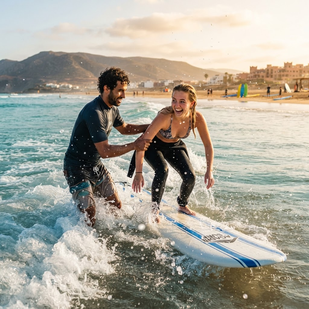 A surf instructor helping a beginner stand up on a surfboard in Agadir