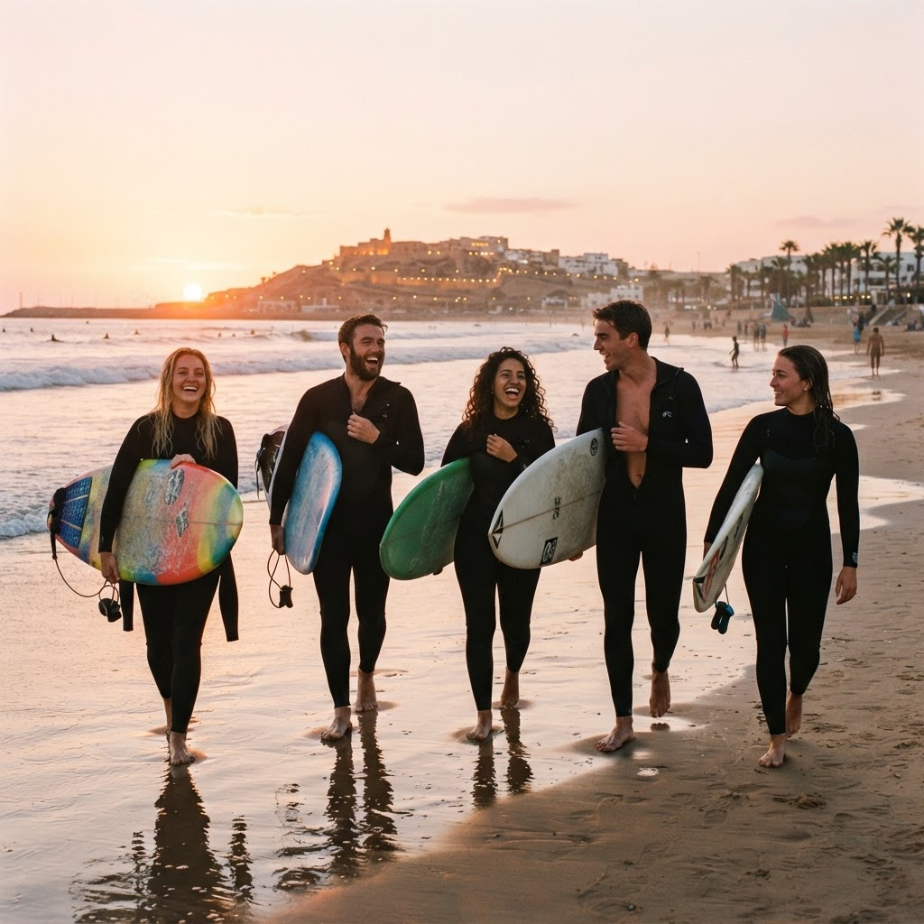 Group of tourists carrying surfboards on Agadir beach