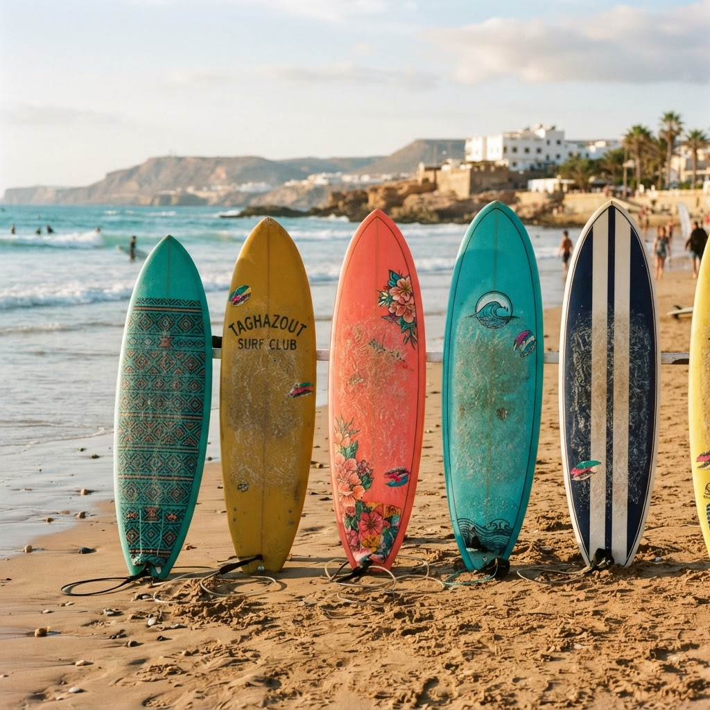 Colorful surfboards standing in the sand