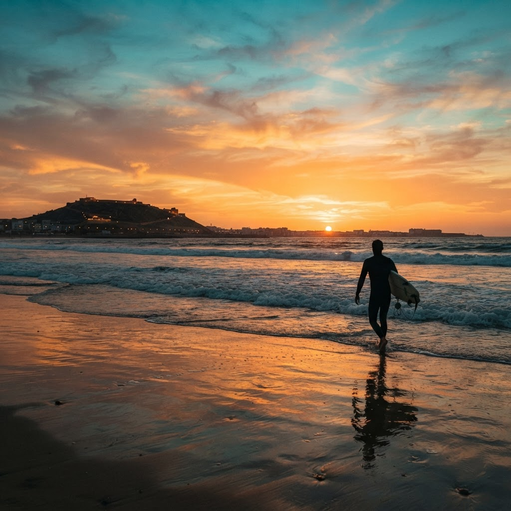 Surfer at sunset on the Agadir coast