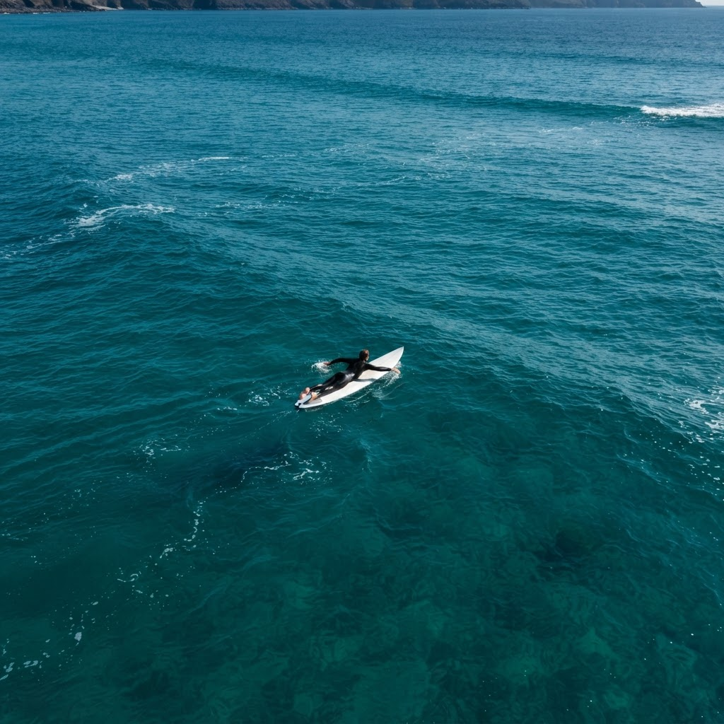 Aerial view of a surfer paddling across turquoise water