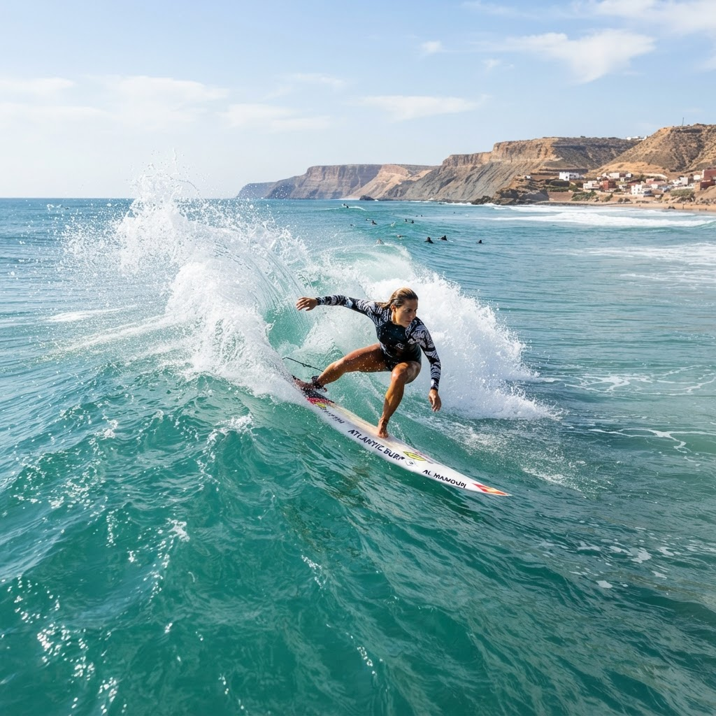 Surfer riding along the face of a clean wave