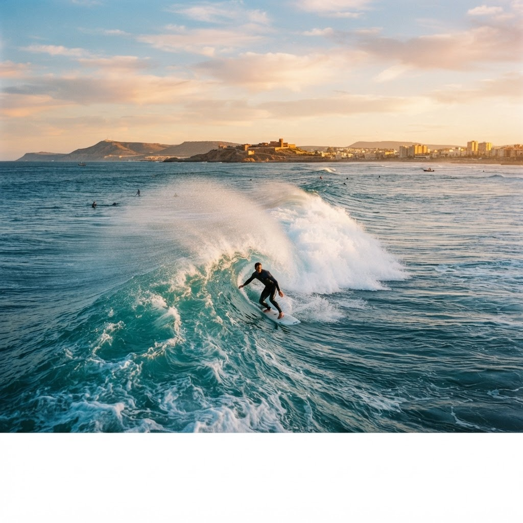 Surfer riding a wave off the Atlantic coast of Agadir, Morocco at golden hour